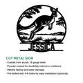 Kangaroo metal sign feature graphic showing cut steel construction and indoor or outdoor display guidance