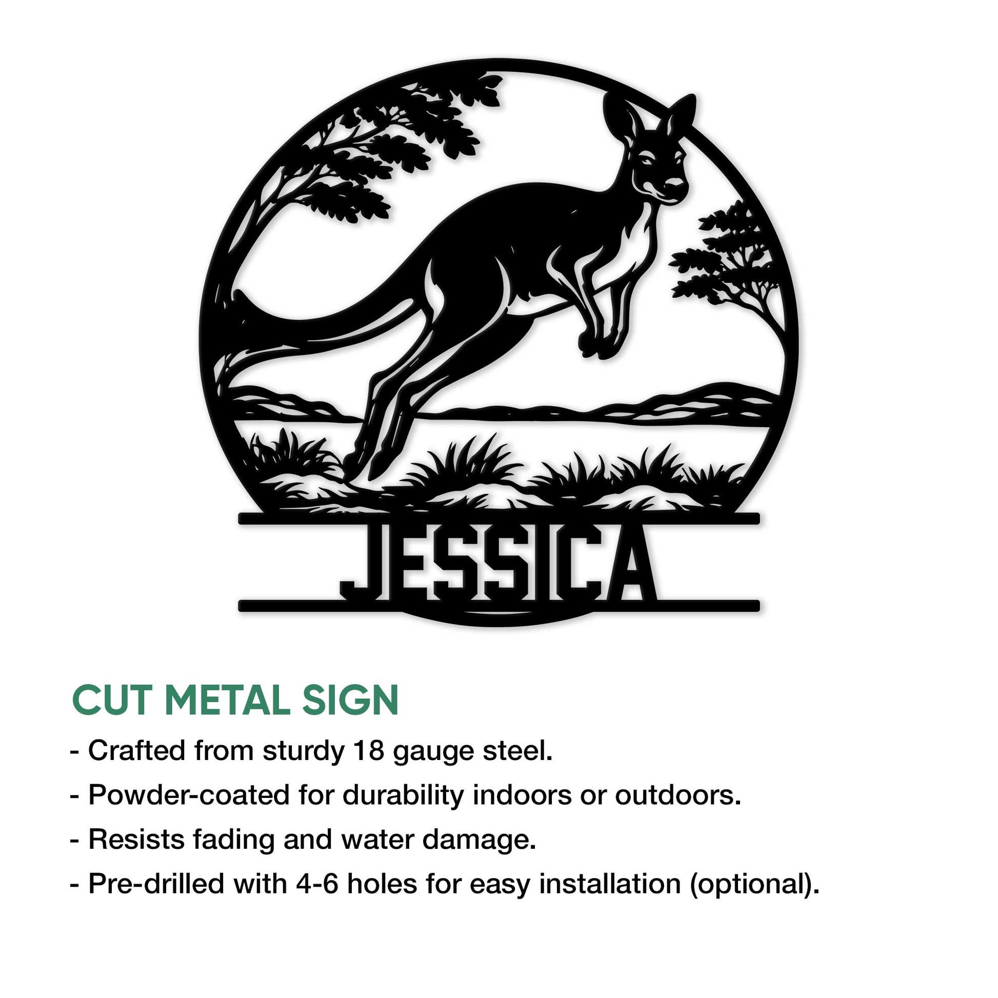 Kangaroo metal sign feature graphic showing cut steel construction and indoor or outdoor display guidance