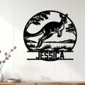 Kangaroo wall sign displayed on a white paneled wall above a console for Australian wildlife decor