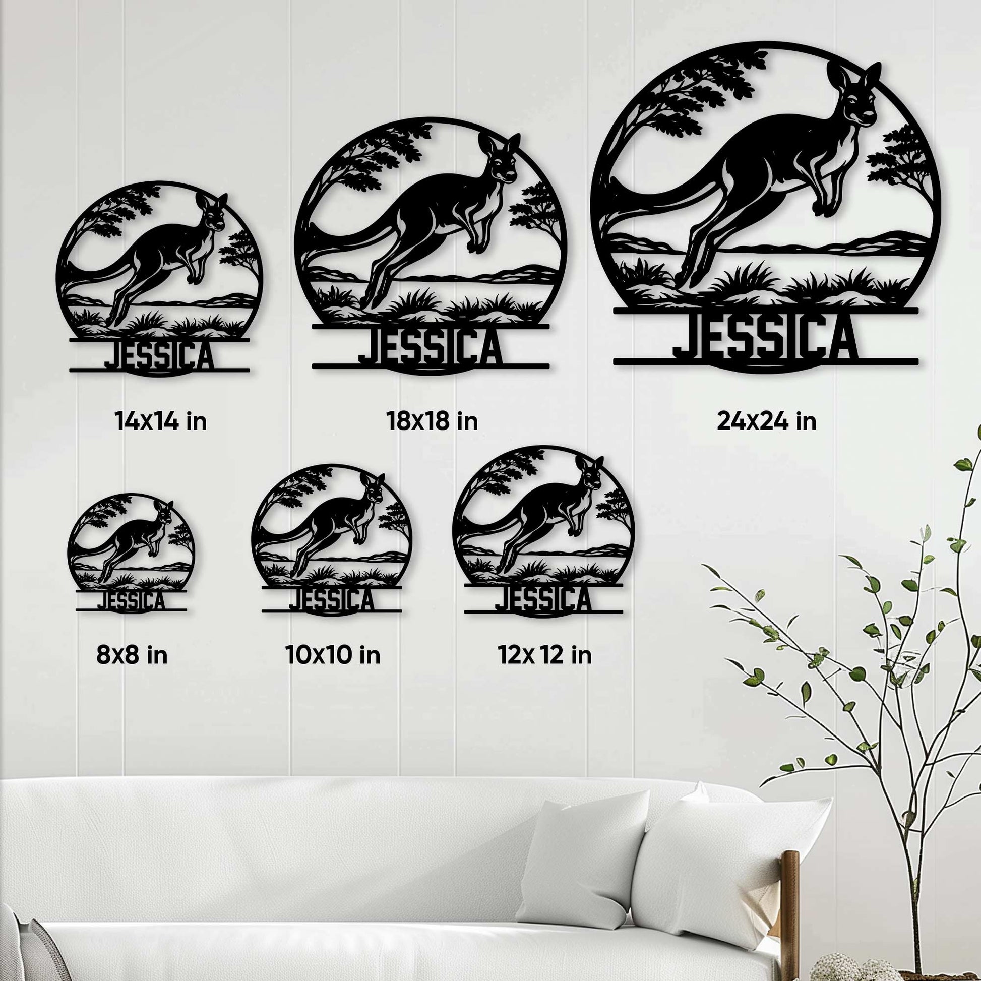 Kangaroo metal sign size guide showing six round sign dimensions from 8 by 8 to 24 by 24 inches