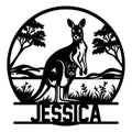 Black kangaroo family silhouette metal sign with a joey, trees, grass, and circular outdoor scene