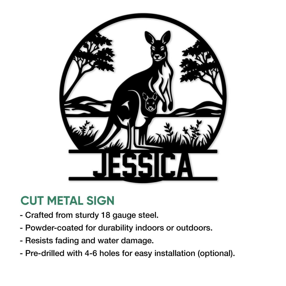 Kangaroo cut metal sign shown with a mother and joey in a native landscape design