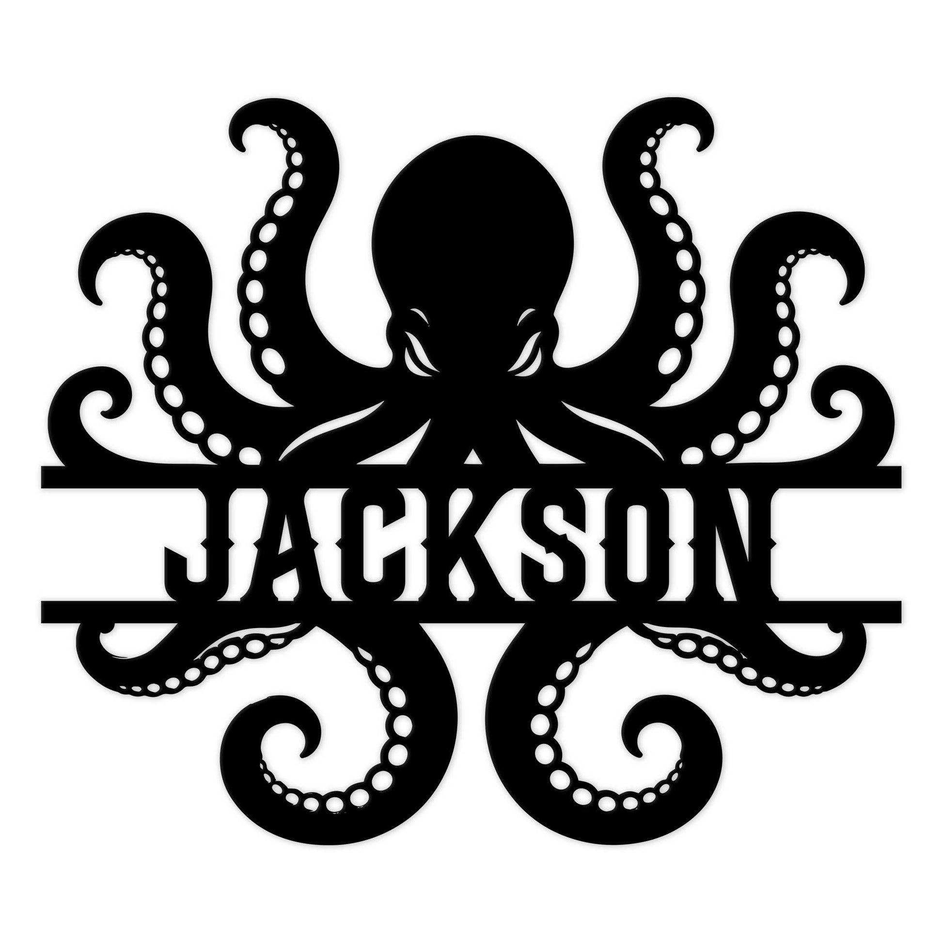 Black octopus silhouette metal sign with curling tentacles and bold coastal wall decor design