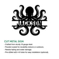 Black octopus cut metal sign shown with feature callouts for indoor and outdoor display