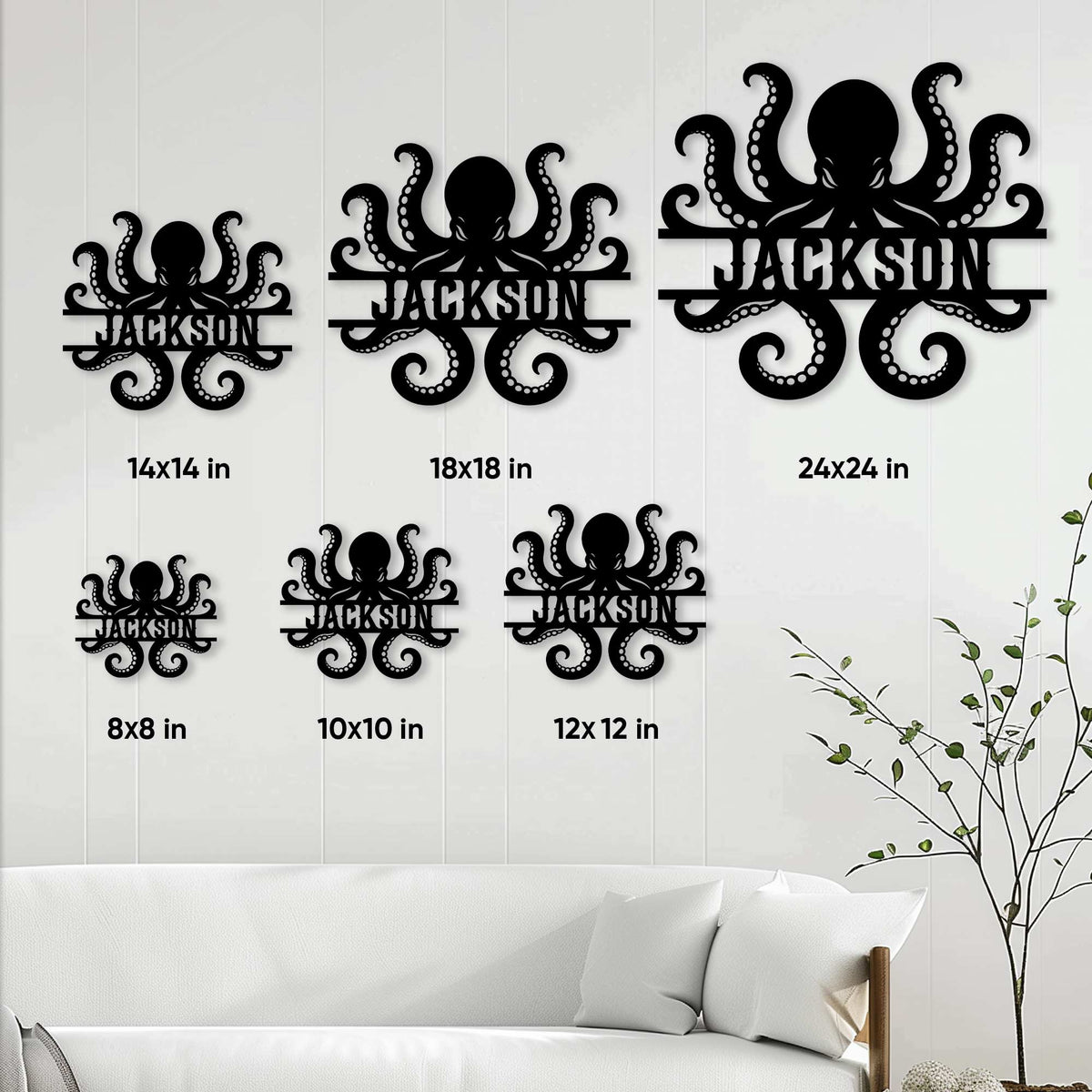 Octopus metal sign size guide showing available dimensions from 8 by 8 to 24 by 24 inches