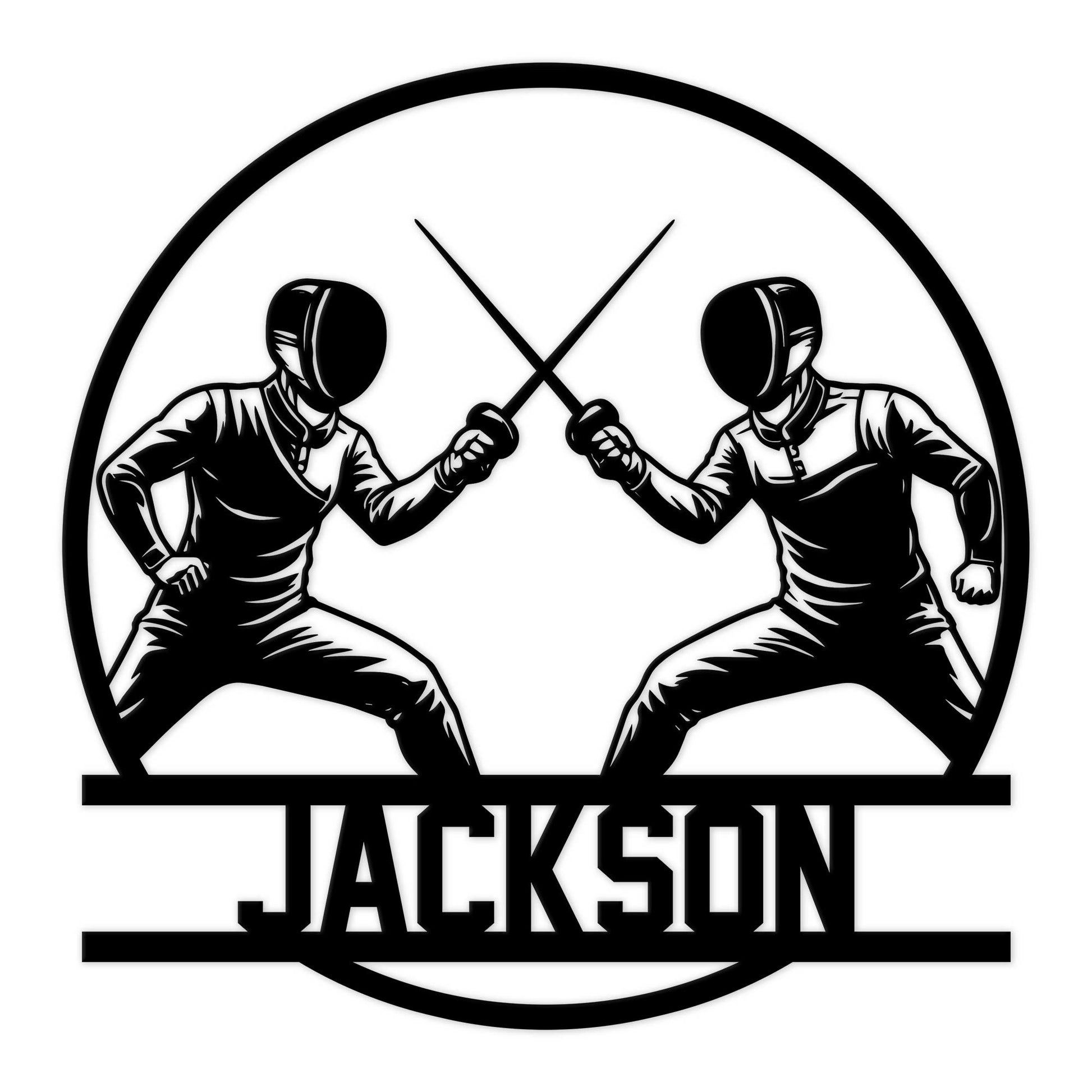 Custom fencing metal sign featuring two fencers crossing foils in a bold black silhouette design