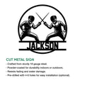 Fencing metal sign feature graphic showing two foil fencers and cut-metal sign details