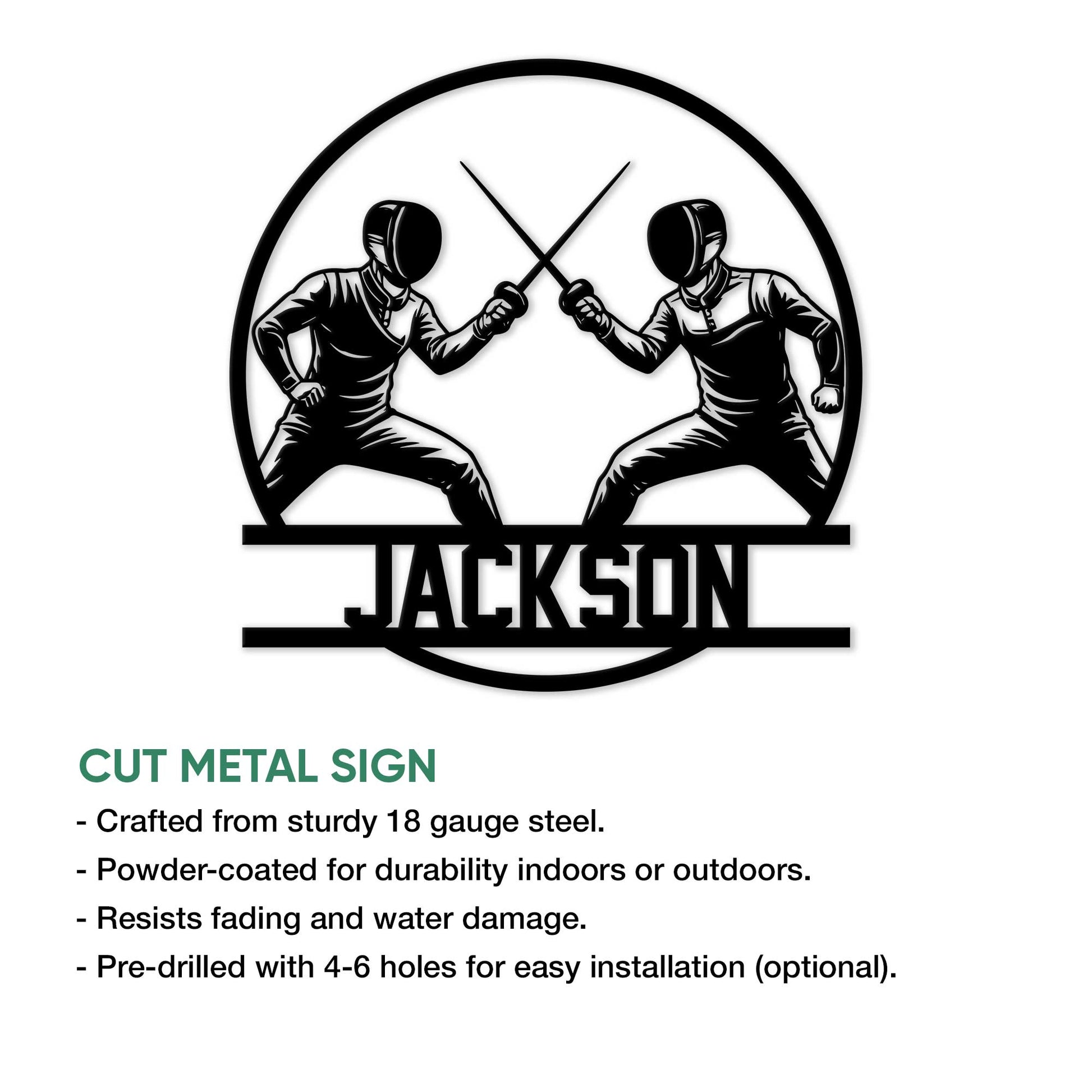 Fencing metal sign feature graphic showing two foil fencers and cut-metal sign details
