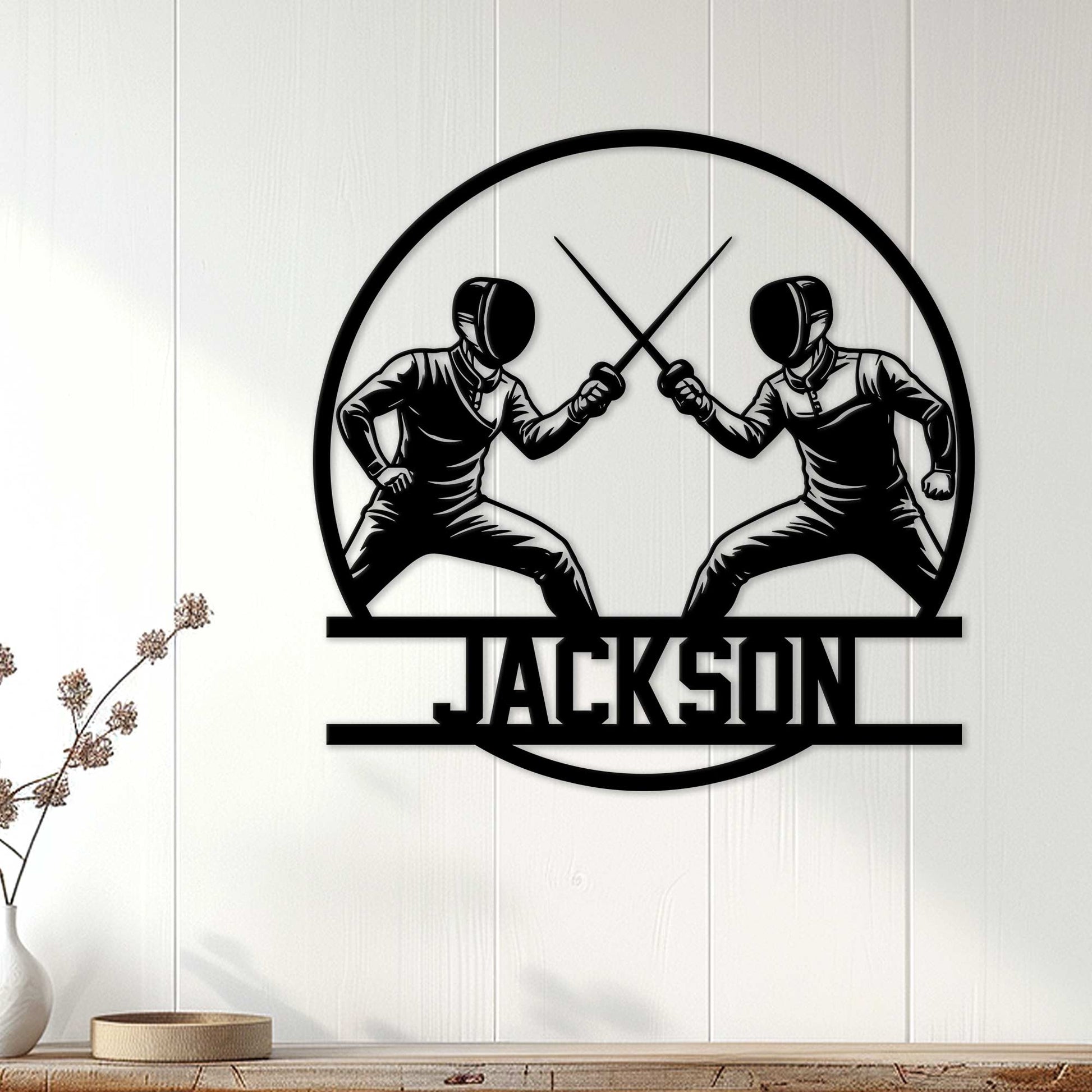 Fencing wall decor displayed on a light paneled wall, featuring two fencers in combat