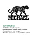 Leopard metal sign feature graphic showing the walking cat design in a bold cutout style