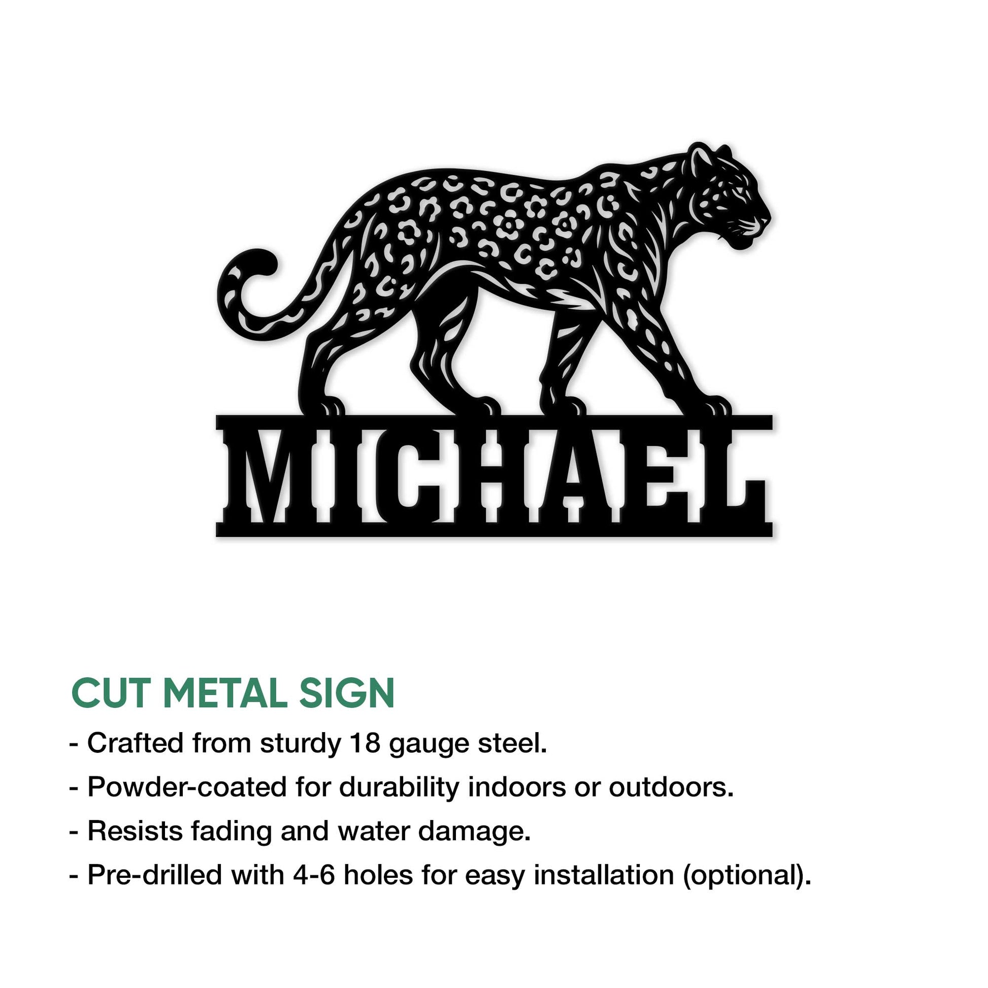 Leopard metal sign feature graphic showing the walking cat design in a bold cutout style