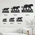 Leopard metal sign size guide showing multiple scale options displayed on a bright living room wall