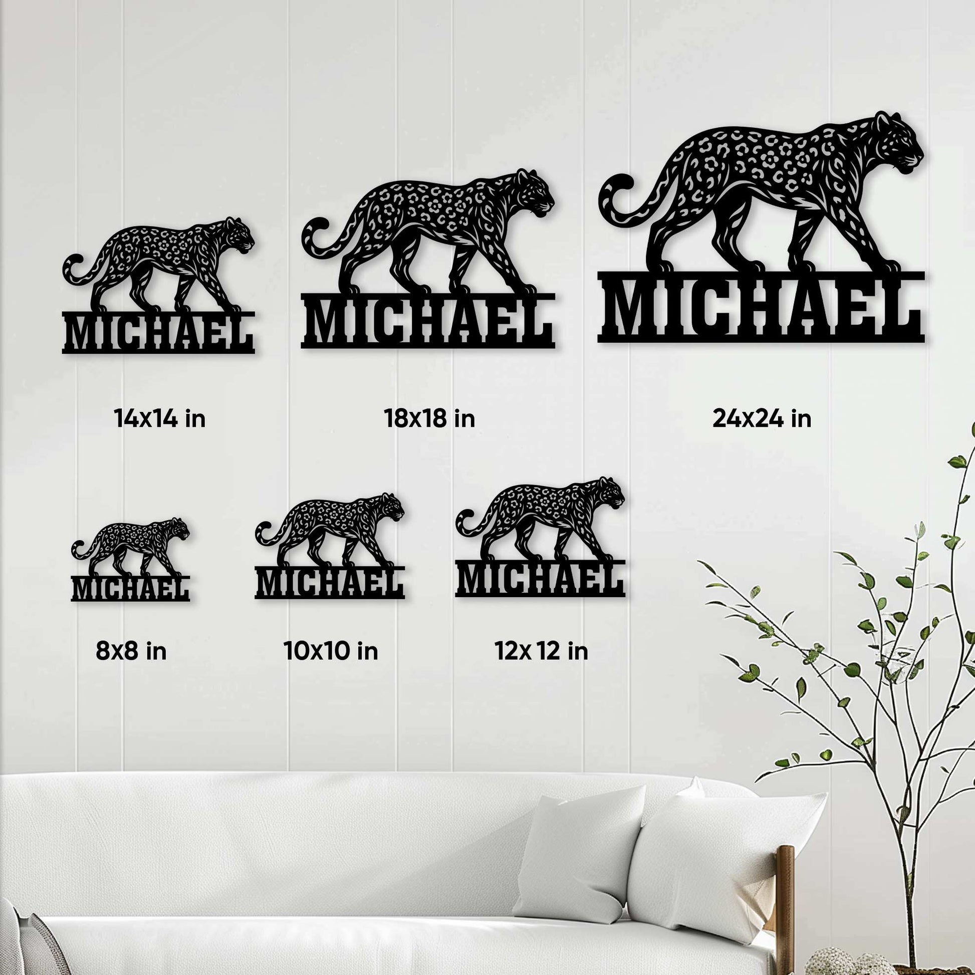 Leopard metal sign size guide showing multiple scale options displayed on a bright living room wall