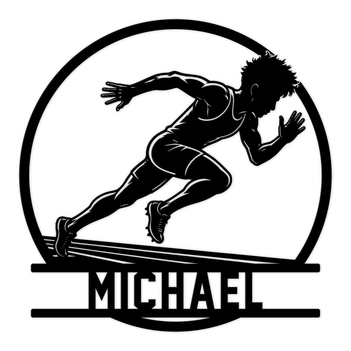 Custom track and field metal sign featuring a sprinter launching from starting blocks in bold silhouette