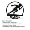 Track and field metal sign product infographic showing a dynamic sprinter silhouette and cut-metal design