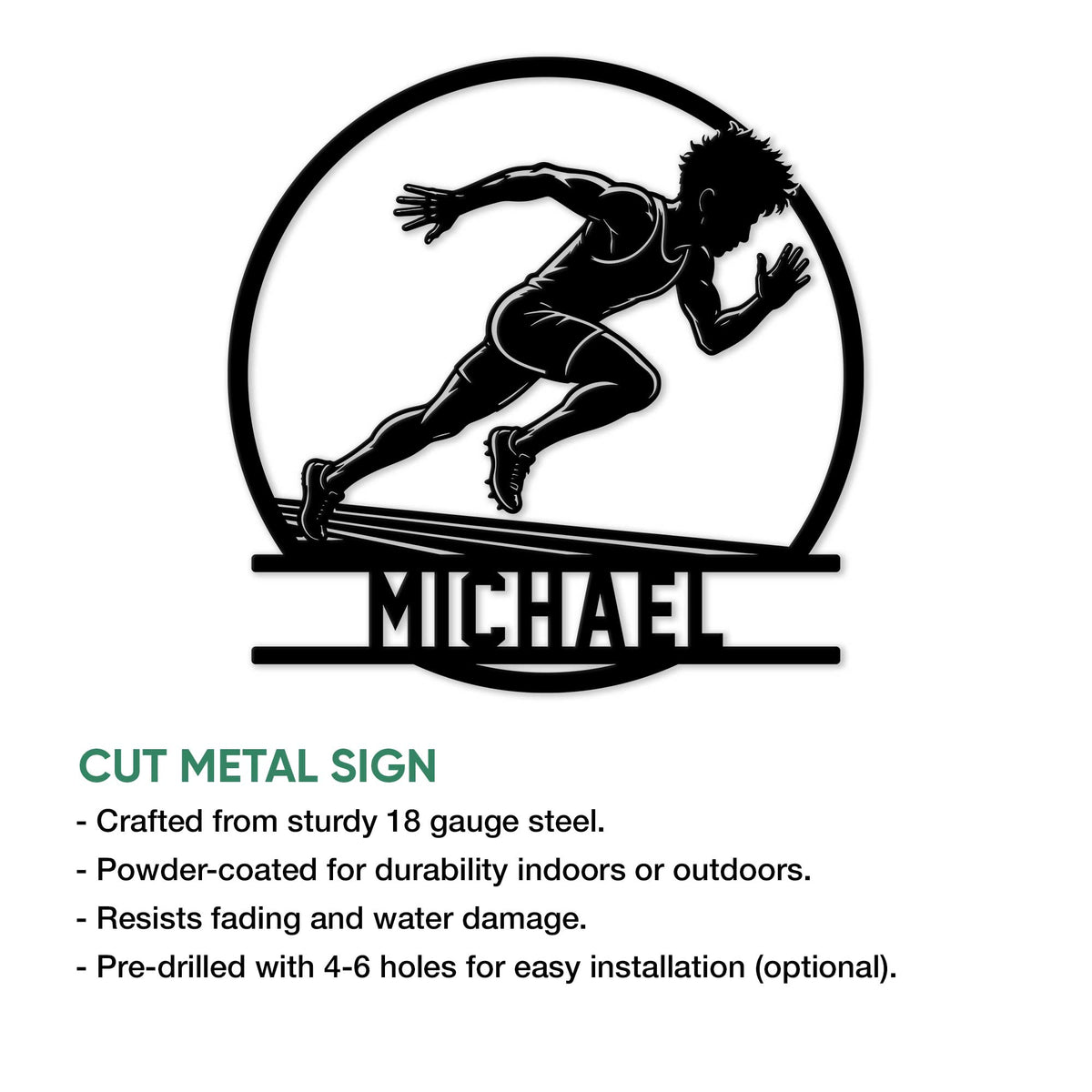 Track and field metal sign product infographic showing a dynamic sprinter silhouette and cut-metal design