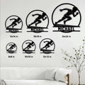 Track and field metal sign size guide showing a sprinter design in several square size options