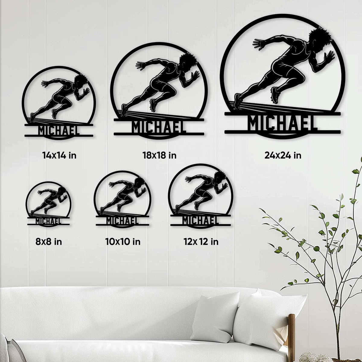 Track and field metal sign size guide showing a sprinter design in several square size options