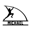 Black silhouette of a pole vaulter crossing the bar on a custom track and field metal sign