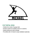 Pole vault athlete silhouette metal sign shown with cut metal sign details and indoor outdoor use notes