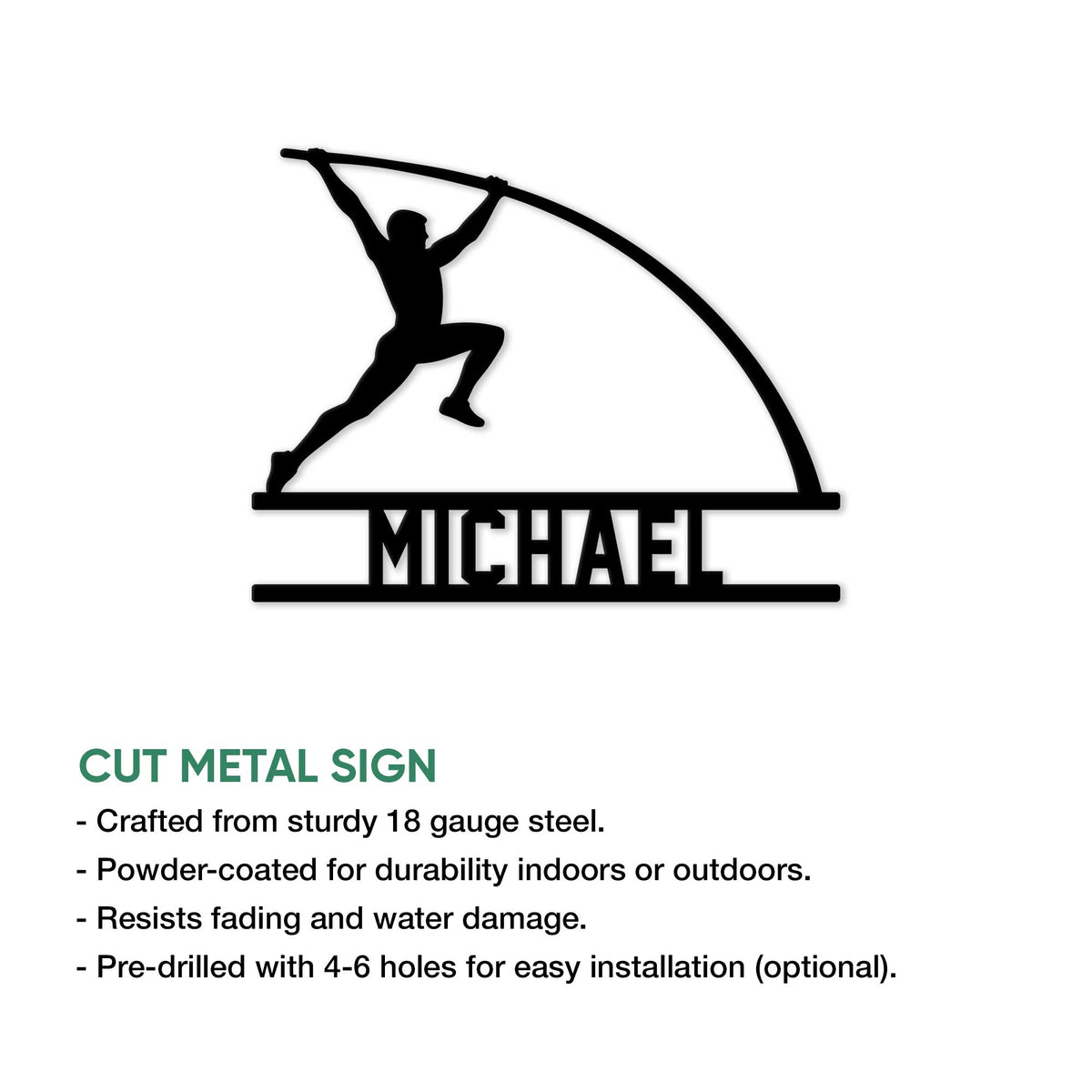 Pole vault athlete silhouette metal sign shown with cut metal sign details and indoor outdoor use notes