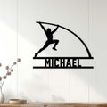 Custom pole vault metal sign displayed as track and field wall decor in a bright home interior