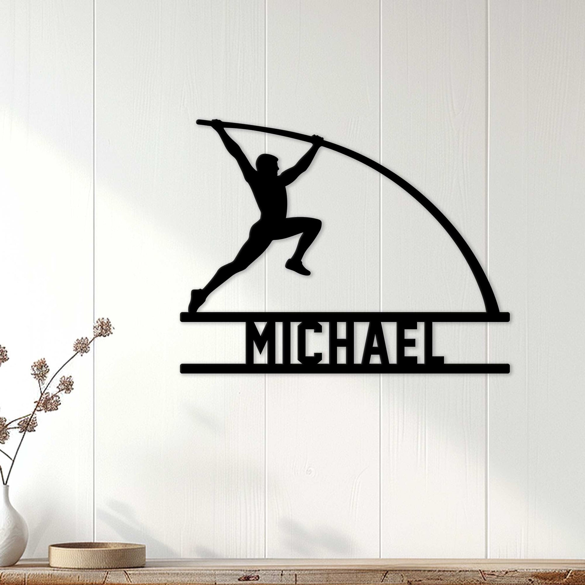 Custom pole vault metal sign displayed as track and field wall decor in a bright home interior
