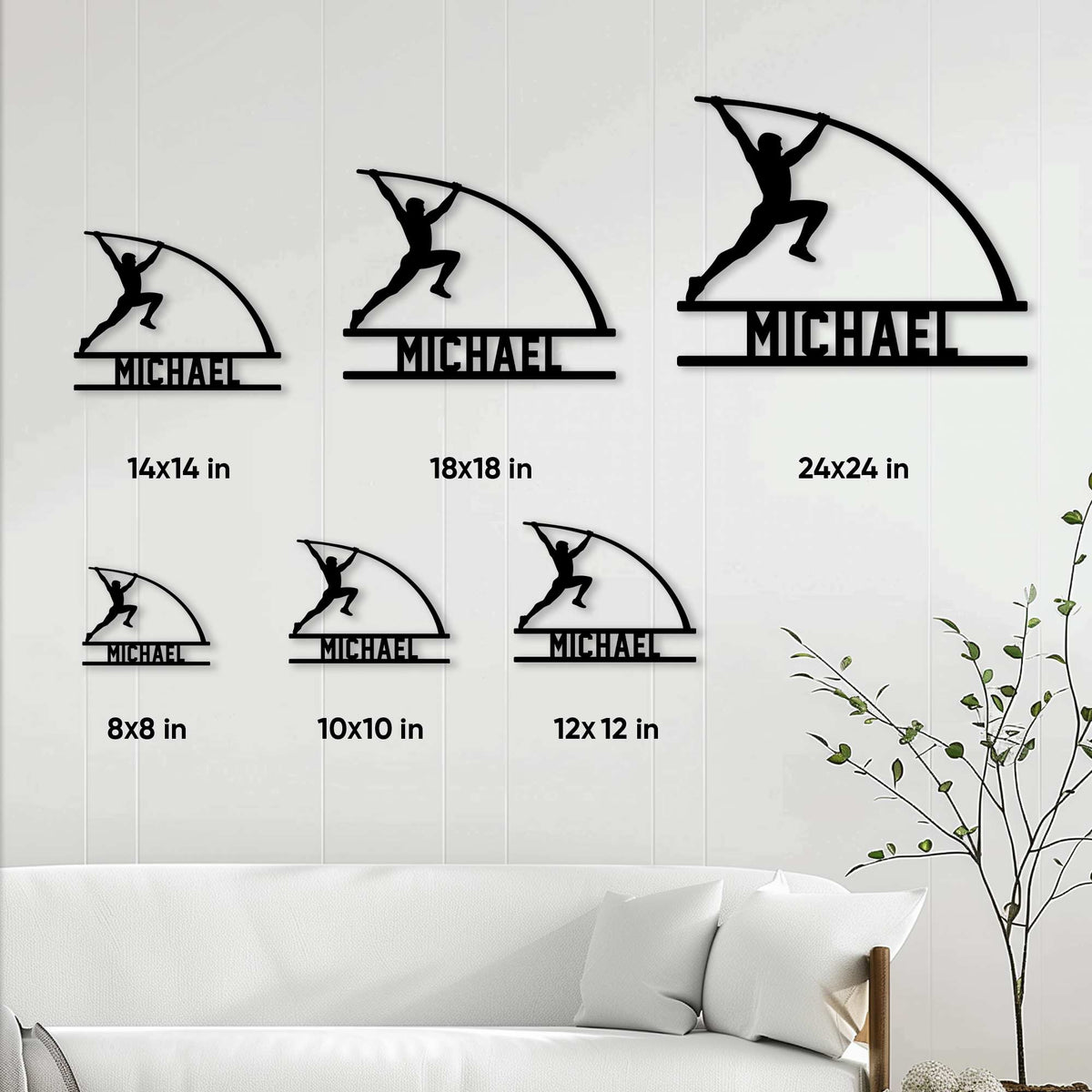 Track and field pole vault metal sign shown in six size options from 8 by 8 to 24 by 24 inches