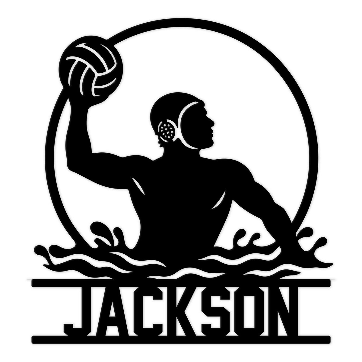 Water polo metal sign featuring a player silhouette raising a ball above the water