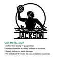 Water polo cut metal sign feature graphic with a bold player silhouette and splashing waves