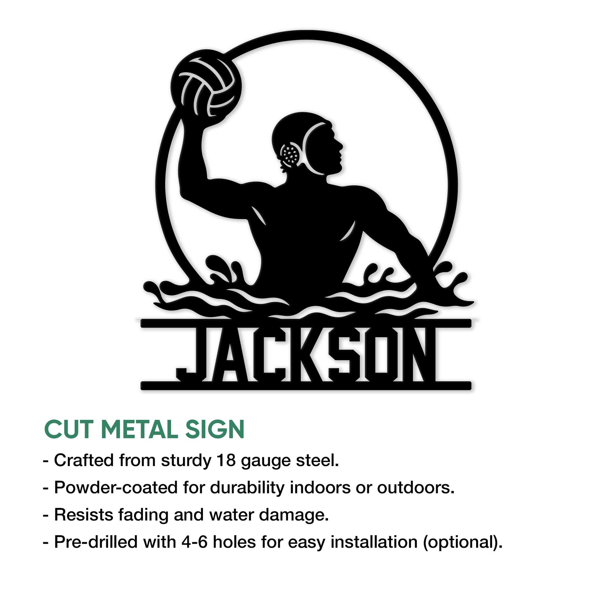 Water polo cut metal sign feature graphic with a bold player silhouette and splashing waves