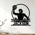 Water polo wall decor displayed on a light wood-paneled wall above a console table