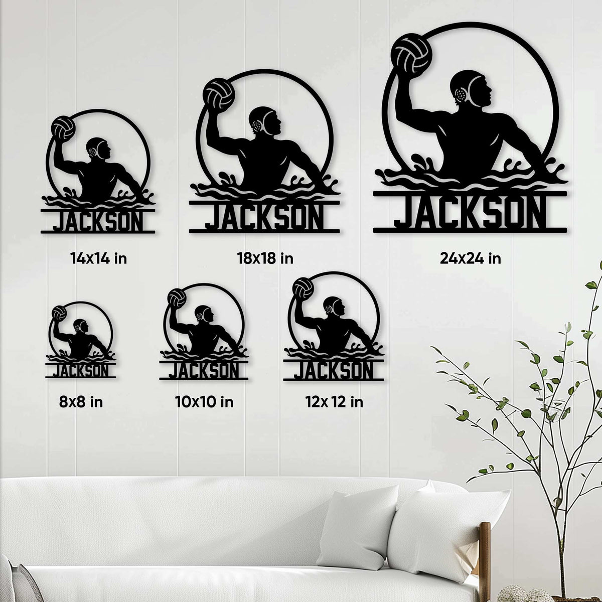 Water polo metal sign size guide showing multiple square size options in a room setting