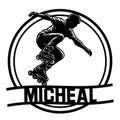 Black inline skater silhouette inside a circular frame on a custom roller skating metal sign