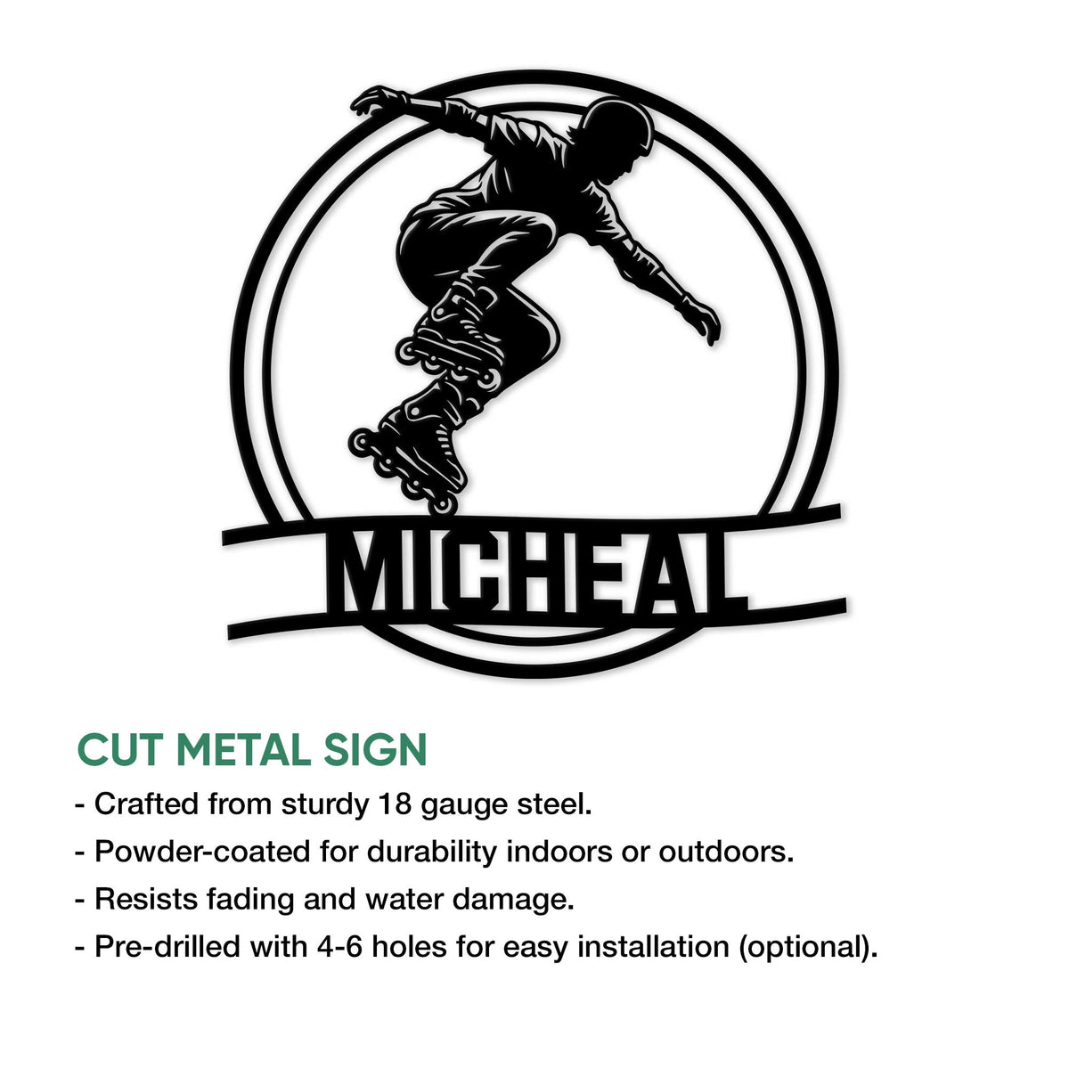 Inline skating metal sign artwork with a circular skater silhouette and cut metal sign feature guide