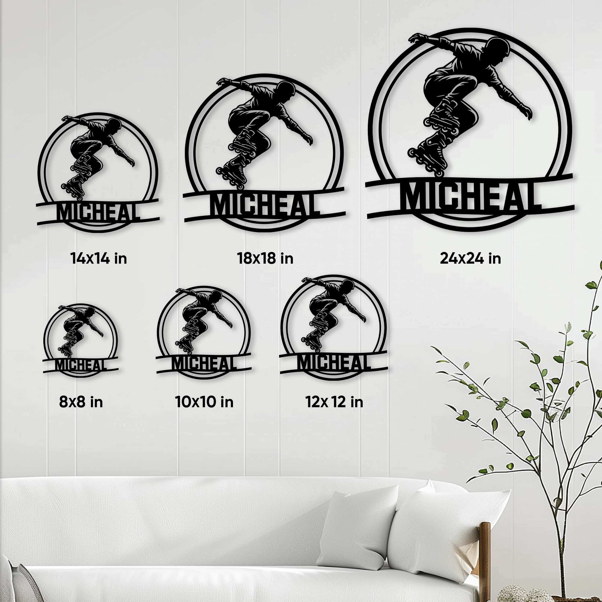 Roller skating metal sign shown in multiple size options in a living room display