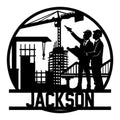 Civil engineer metal sign featuring two construction professionals, a crane, building framework, and city skyline
