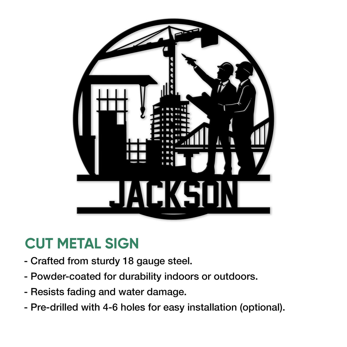 Civil engineer metal sign shown with construction silhouettes and a feature overview for indoor or outdoor display