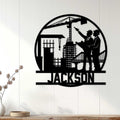 Civil engineering wall decor displayed on a white paneled wall above a console in a modern home