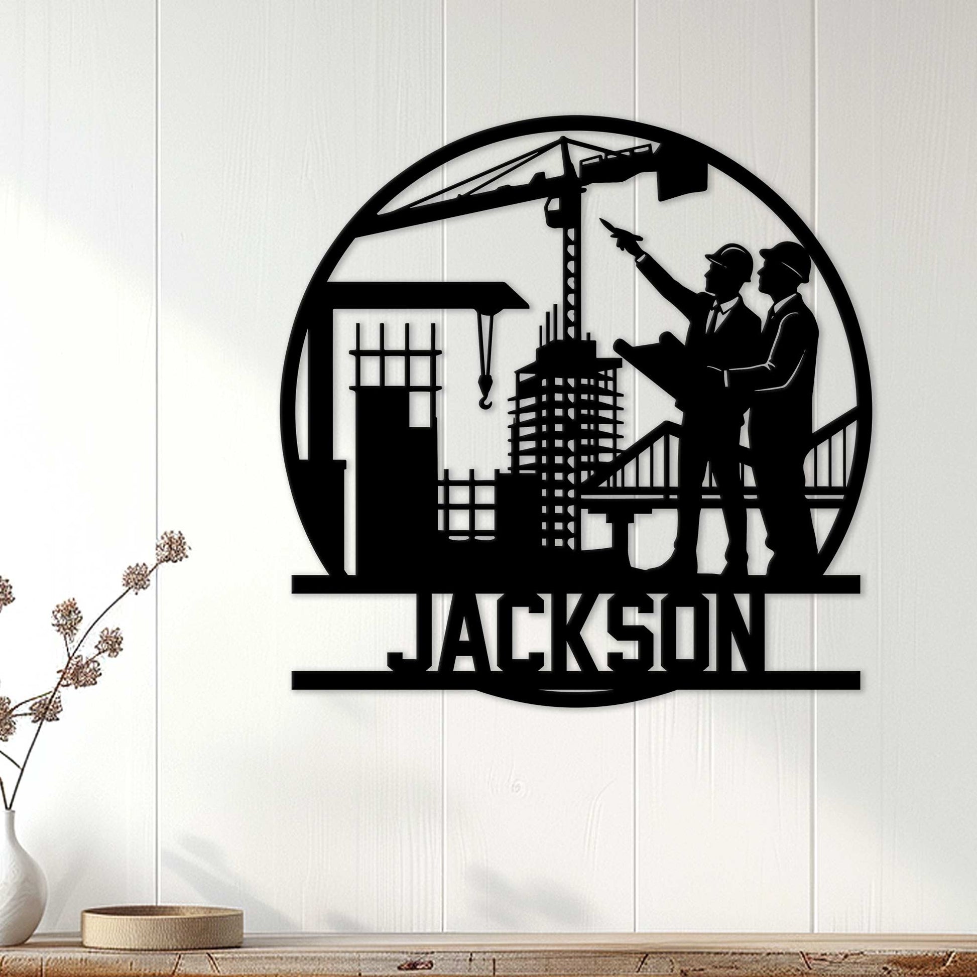 Civil engineering wall decor displayed on a white paneled wall above a console in a modern home
