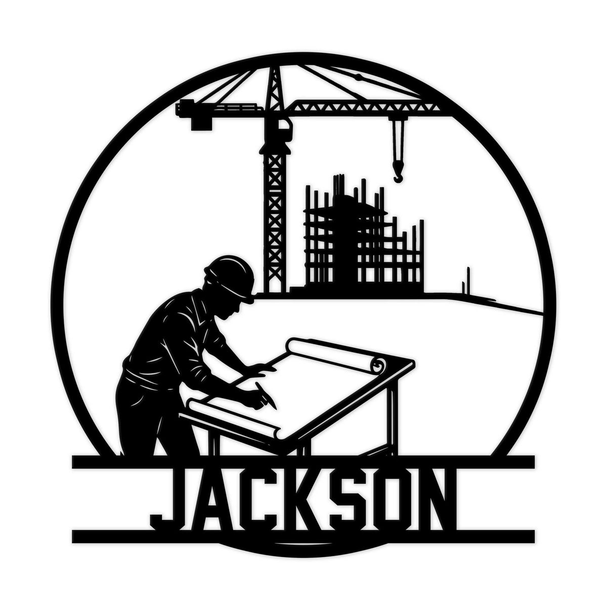 Custom civil engineer metal sign with a silhouetted engineer drafting beside a crane and construction site