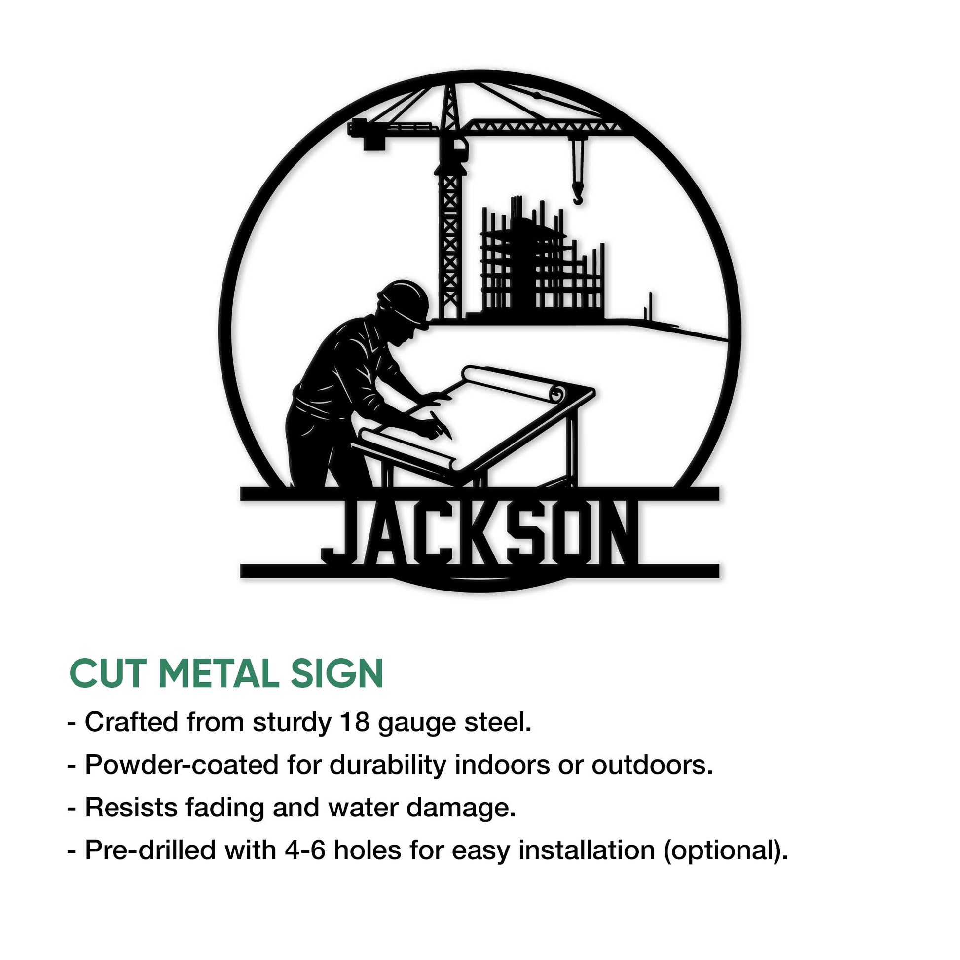 Civil engineer metal sign feature graphic showing a construction silhouette and available size options