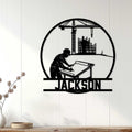 Civil engineering wall decor displayed on a light wood wall, featuring a drafting engineer and construction crane