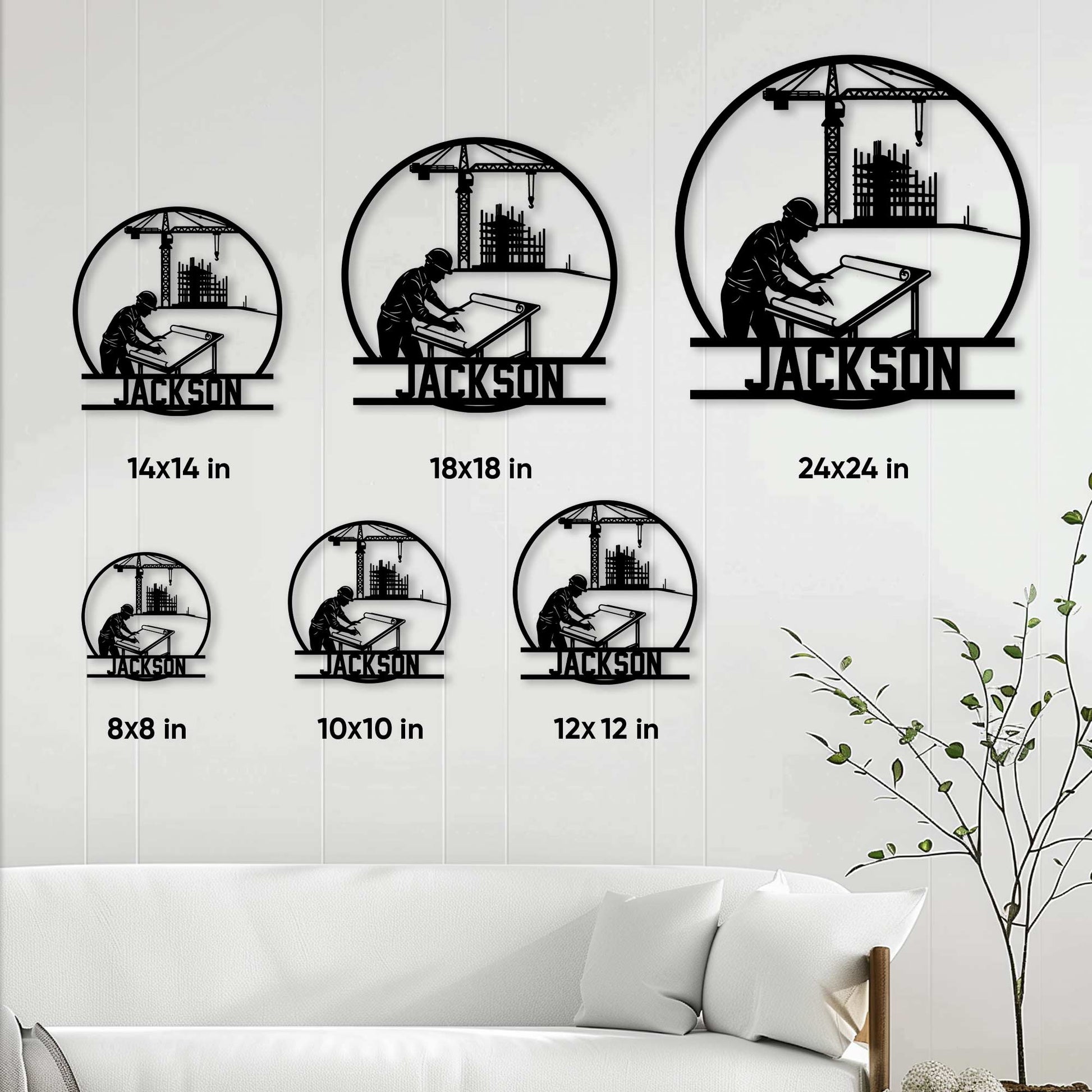Civil engineer metal sign size guide showing six size options in a staged living room setting