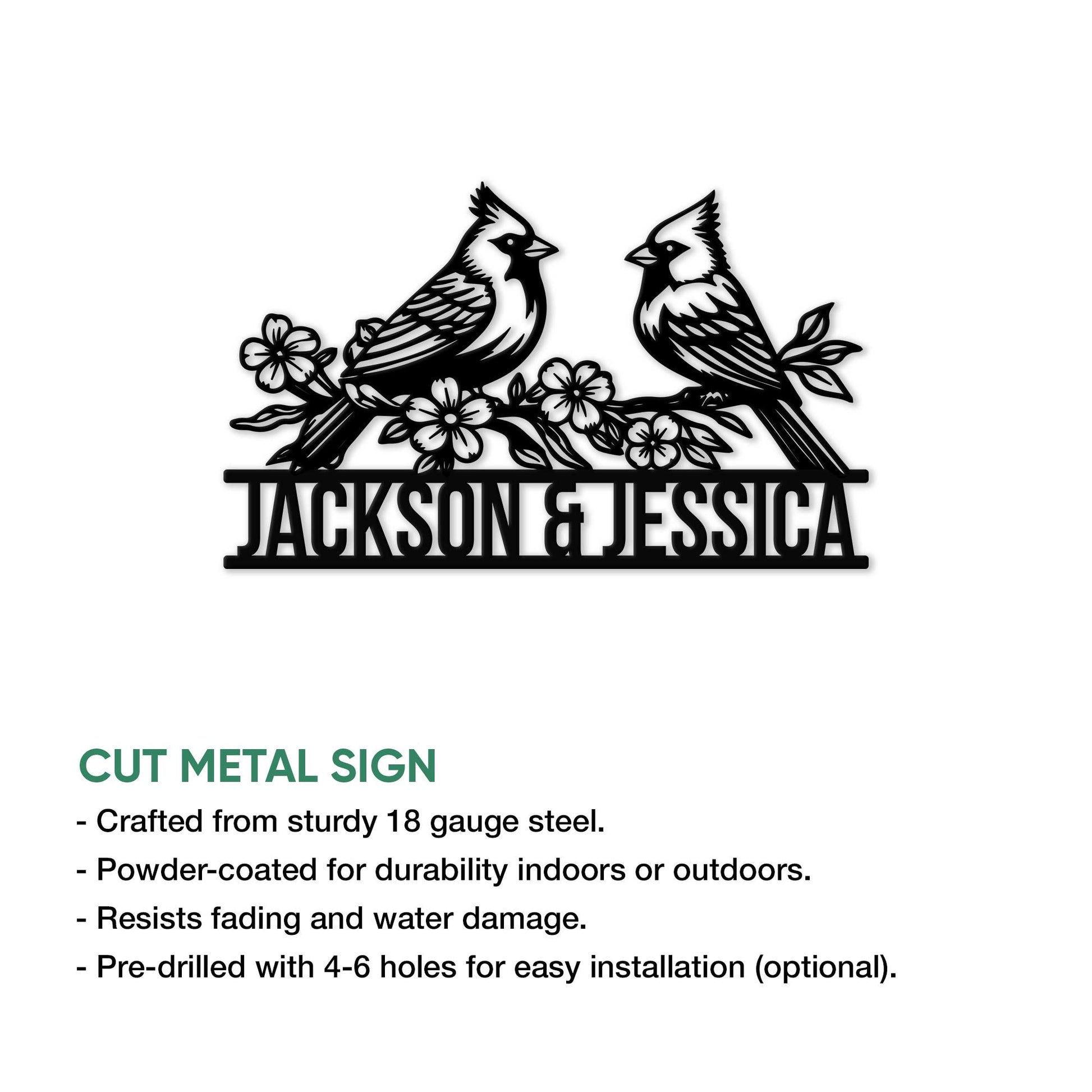 Cardinal pair metal sign shown with a cut-metal design feature overview for indoor or outdoor display