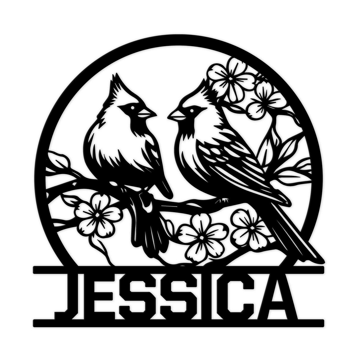 Custom cardinal metal sign featuring two birds perched among flowering branches in a circular design