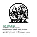 Cardinal bird metal sign shown with a detailed floral silhouette and cut metal sign information