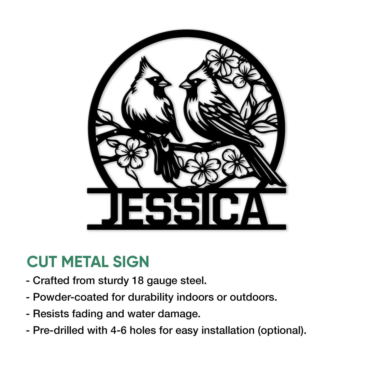 Cardinal bird metal sign shown with a detailed floral silhouette and cut metal sign information