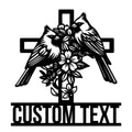 Custom cardinal metal sign featuring two birds, a floral cross, and decorative botanical details