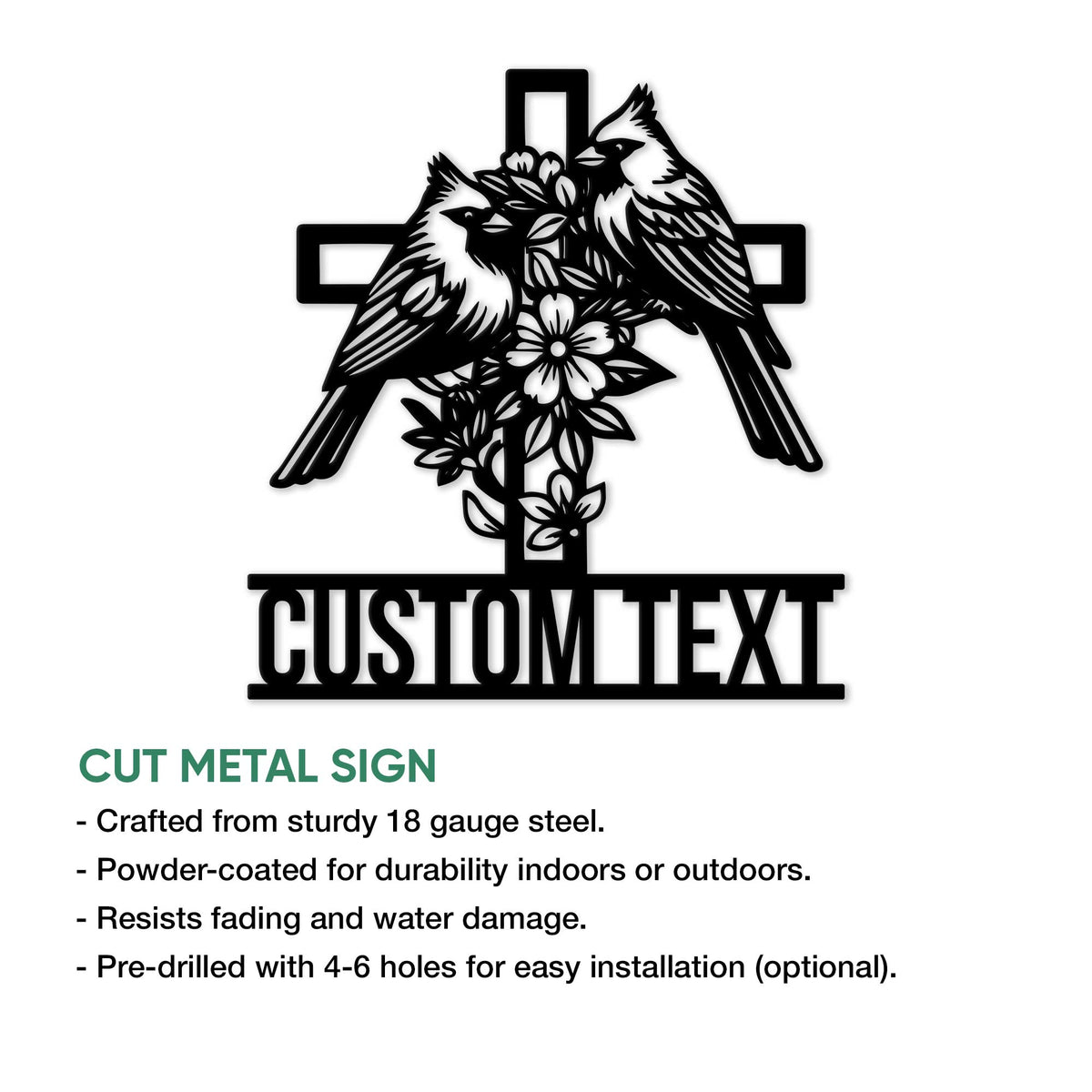 Cardinal cross metal sign shown with cut steel construction and indoor or outdoor display features
